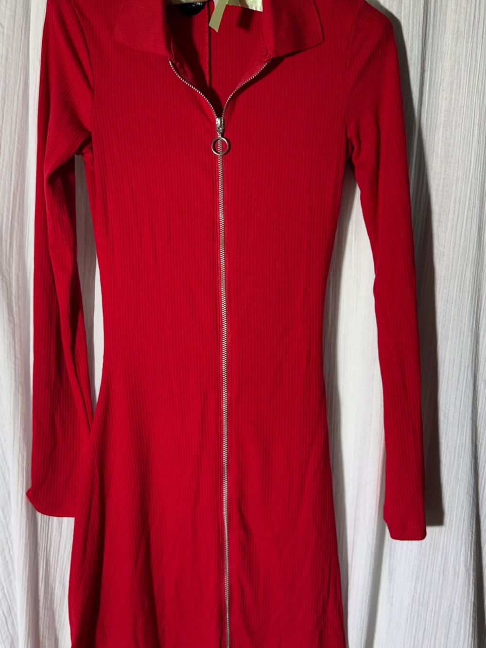 Red Zip-Front Ribbed Long-Sleeve Dress